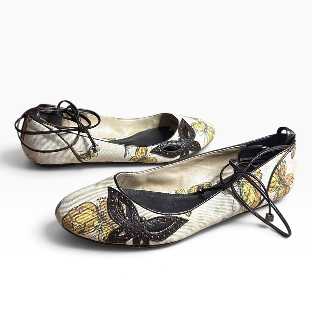 Karen Millen Butterfly Lace Up Ballet Flats Canvas Y2K, Size 37.5